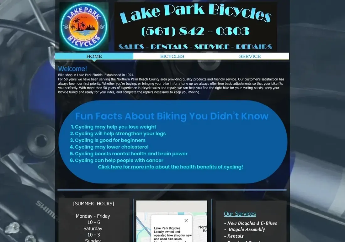 The old Lake Park Bicycles website: a dark Wix page with a fun facts about biking banner