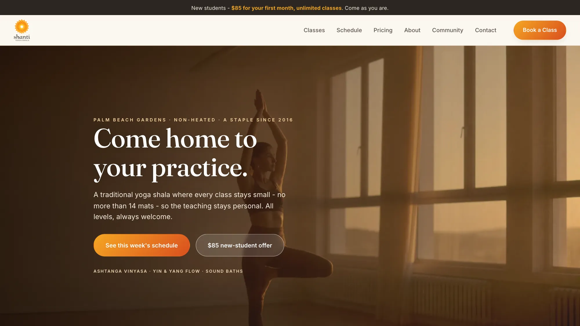 The Shanti Yoga Shala homepage DV8 Web designed and built, shown full screen